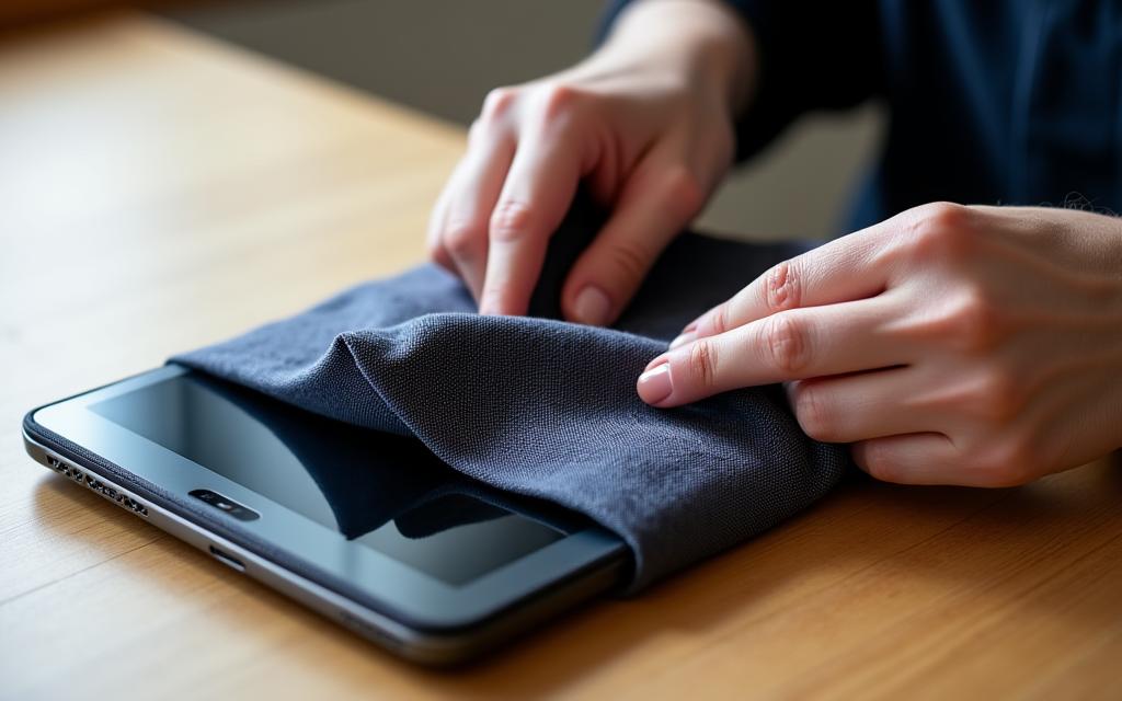 最新のタブレットを丁寧に包む伝統的な風呂敷